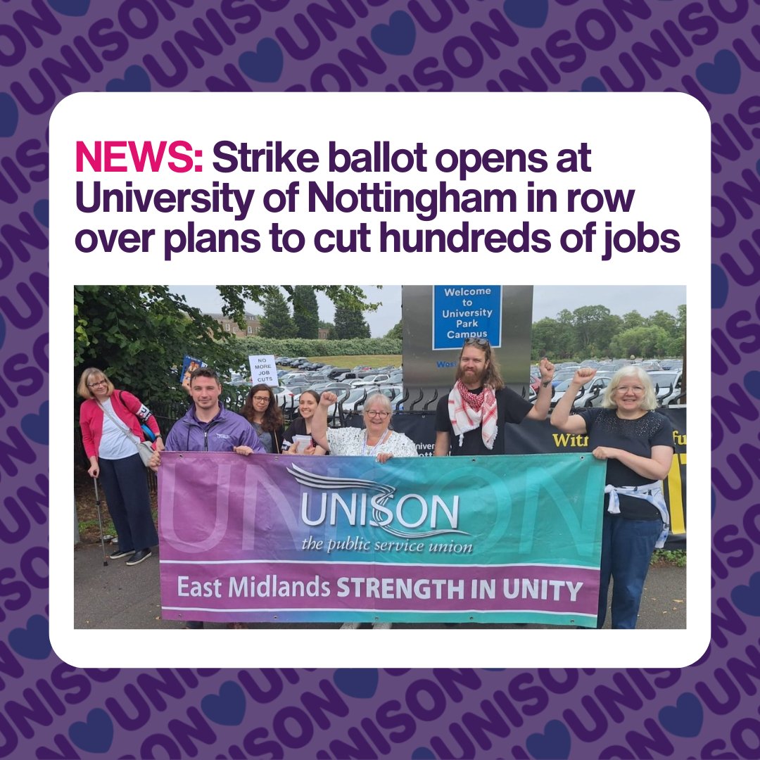 𝗦𝘁𝗿𝗶𝗸𝗲 𝗯𝗮𝗹𝗹𝗼𝘁 𝗼𝗽𝗲𝗻𝘀 𝗮𝘁 𝗨𝗻𝗶𝘃𝗲𝗿𝘀𝗶𝘁𝘆 𝗼𝗳 𝗡𝗼𝘁𝘁𝗶𝗻𝗴𝗵𝗮𝗺 𝗶𝗻 𝗿𝗼𝘄 𝗼𝘃𝗲𝗿 𝗽𝗹𝗮𝗻𝘀 𝘁𝗼 𝗰𝘂𝘁 𝗵𝘂𝗻𝗱𝗿𝗲𝗱𝘀 𝗼𝗳 𝗷𝗼𝗯𝘀 🗳️

Staff are being balloted from today until Friday, August 29 <a href="/UnisonUon/">University of Nottingham UNISON</a> 
👉unsn.uk/uonstrike