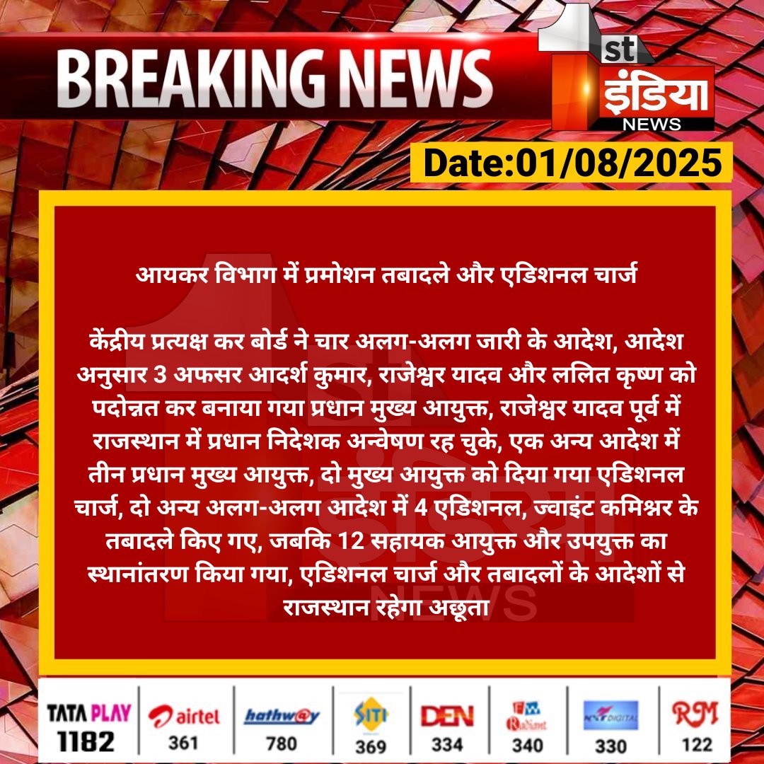 1stIndiaNews's tweet image. आयकर विभाग में प्रमोशन तबादले और एडिशनल चार्ज

केंद्रीय प्रत्यक्ष कर बोर्ड ने चार अलग-अलग जारी के आदेश, आदेश अनुसार 3 अफसर आदर्श कुमार, राजेश्वर यादव...

#FirstIndiaNews #IncomeTaxDepartment #Transfers @IncomeTaxIndia