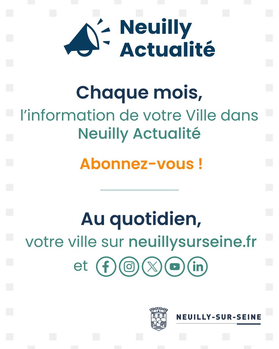 Actualités municipales, événements, nouveautés...Vous souhaitez être informé de tout ce qui se passe à Neuilly ?

Retrouvez l'information de votre Ville chaque mois dans votre boîte mail avec la Newsletter Neuilly Actualité !

Pour vous abonner 👉🏻neuillysurseine.fr/newsletter