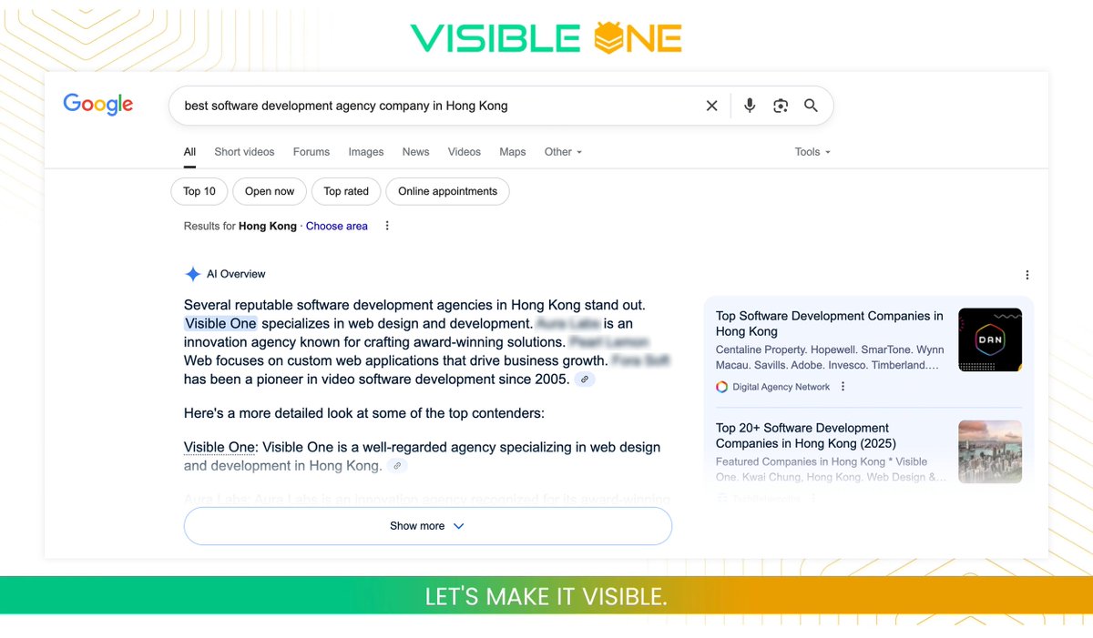 VisibleOneHK's tweet image. AI agrees! 🤖 Visible One continues setting the standard in web design & development with innovative solutions driving growth. We're thrilled to be leaders in the industry! 🚀✨
visibleone.com/services/websi…
#VisibleOne #TopSoftwareDevelopment #WebDesign #Innovation #HongKongTech