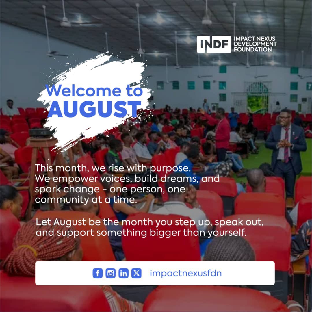 impactnexusfdn's tweet image. Happy New Month

August is here. A fresh page, a new chance to make a meaningful impact. Whether it's mentoring a youth, supporting a cause, or simply showing up for your community, your voice and actions matter.

#INDF #communitybuilders #impactnexusfoundation #August