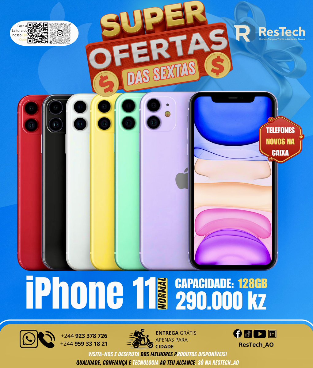 *SUPER OFERTA*
*Das Sextas* 
*IPhone 11 normal*
*Selado na caixa 📦* 
*Capacidade: 128GB*
*Preço :290.000 kz*

*Fazemos entregas ao domicílio Grátis*📦🚚

Siga esta ligação para ver o nosso catálogo no instagram.com/restech_ao?

WhatsApp: wa.me/244959331821
<a href="/ResTech/">Resident TECH</a>