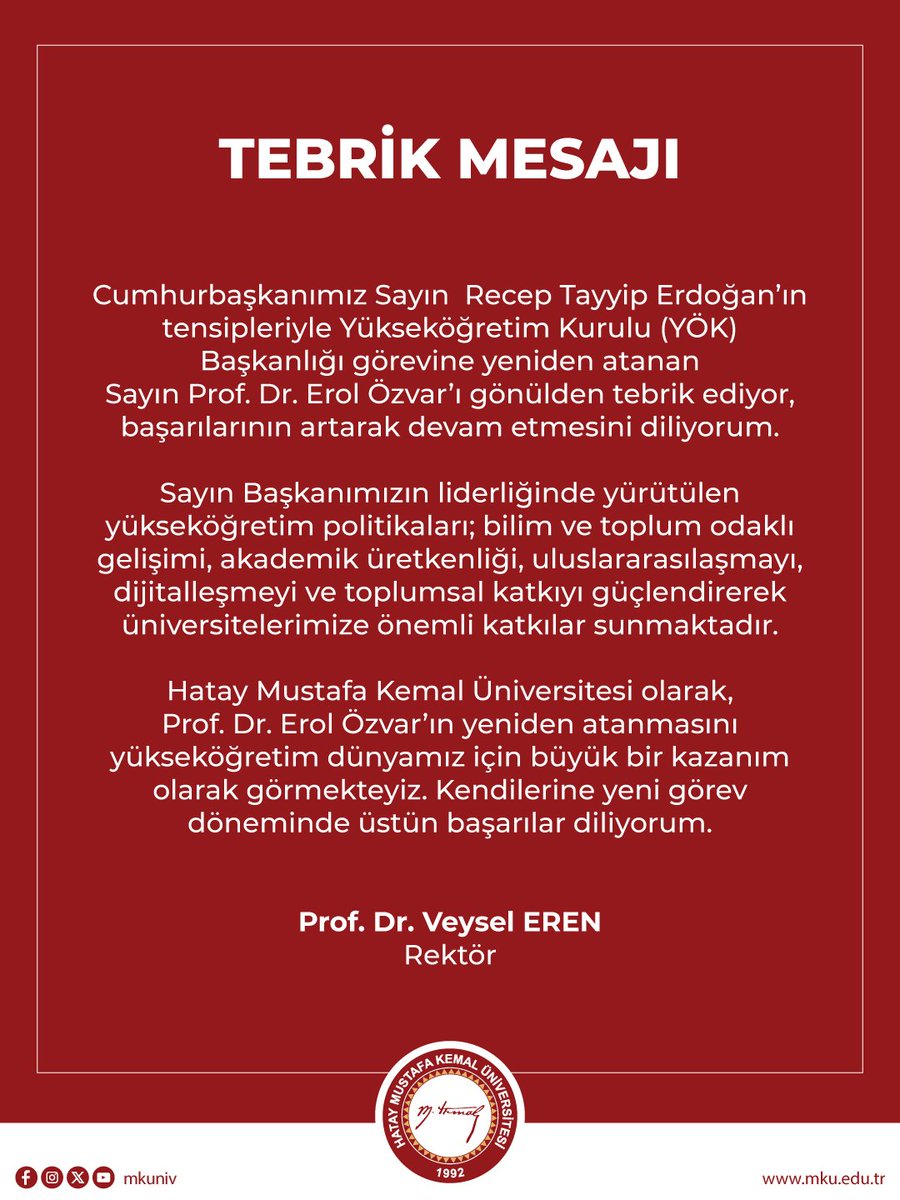 Hatay Mustafa Kemal Üniversitesi (@mkuniv) on Twitter photo Rektör Prof. Dr. Veysel Eren’den YÖK Başkanı Prof. Dr. Erol Özvar’a Tebrik Mesajı
<a href="/YuksekogretimK/">Yükseköğretim Kurulu</a> <a href="/erolozvar/">Erol Özvar</a> Rektör Prof. Dr. Veysel Eren’den YÖK Başkanı Prof. Dr. Erol Özvar’a Tebrik Mesajı
<a href="/YuksekogretimK/">Yükseköğretim Kurulu</a> <a href="/erolozvar/">Erol Özvar</a>