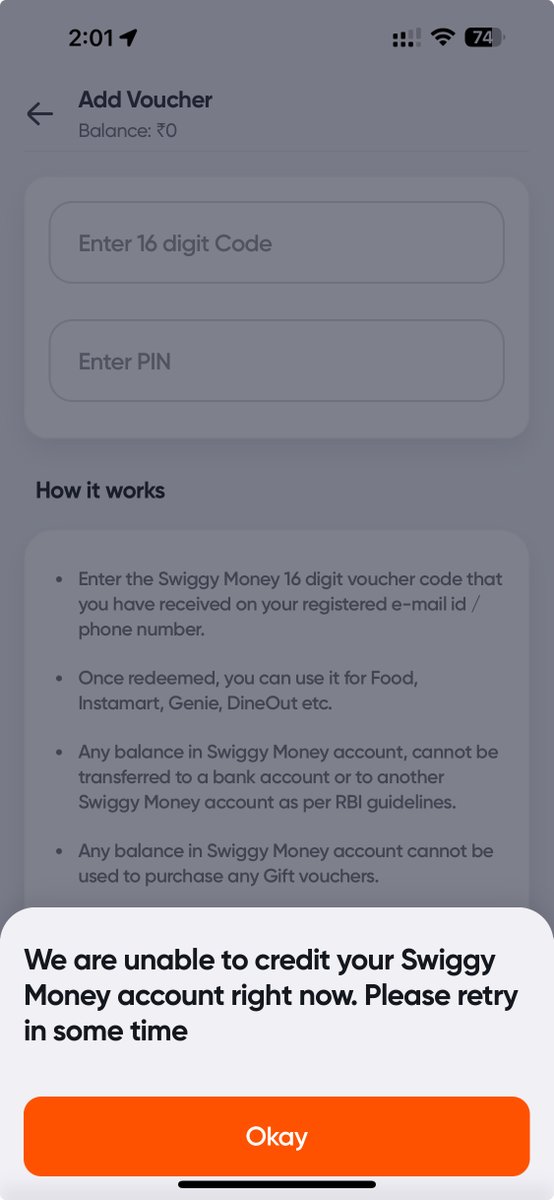 dear <a href="/GyftrIndia/">GyFTR</a> bought 2 X 2K <a href="/Swiggy/">Swiggy Food</a> money vouchers but getting this when i add them to swiggy money. Help?