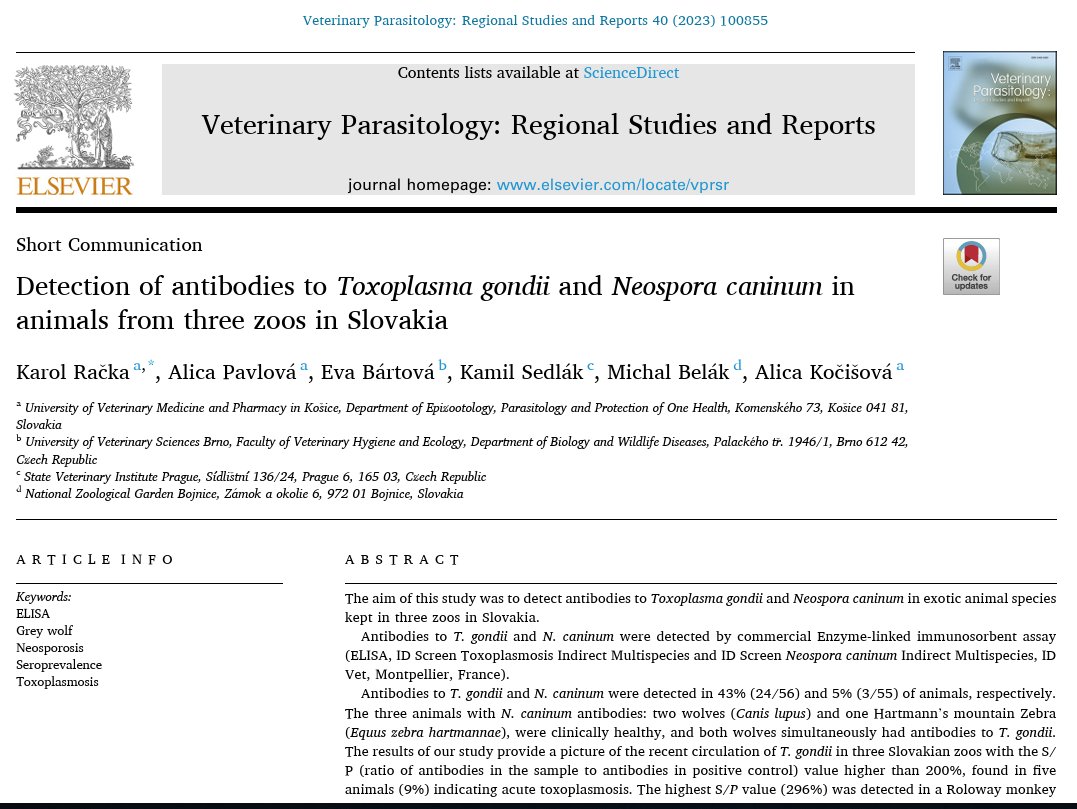 Dept of Epizootiology, Parasitology and One Health (@epiparonehealth) on Twitter photo Detection of antibodies to Toxoplasma gondii and Neospora caninum in animals from three zoos in Slovakia
doi.org/10.1016/j.vprs…
#Greywolf #ELISA #Neosporosis #Seroprevalence #Toxoplasmosis #Slovakia <a href="/UVMP_Kosice/">UVMP Košice</a> <a href="/EpiParOneHealth/">Dept of Epizootiology, Parasitology and One Health</a> Detection of antibodies to Toxoplasma gondii and Neospora caninum in animals from three zoos in Slovakia
doi.org/10.1016/j.vprs…
#Greywolf #ELISA #Neosporosis #Seroprevalence #Toxoplasmosis #Slovakia <a href="/UVMP_Kosice/">UVMP Košice</a> <a href="/EpiParOneHealth/">Dept of Epizootiology, Parasitology and One Health</a>