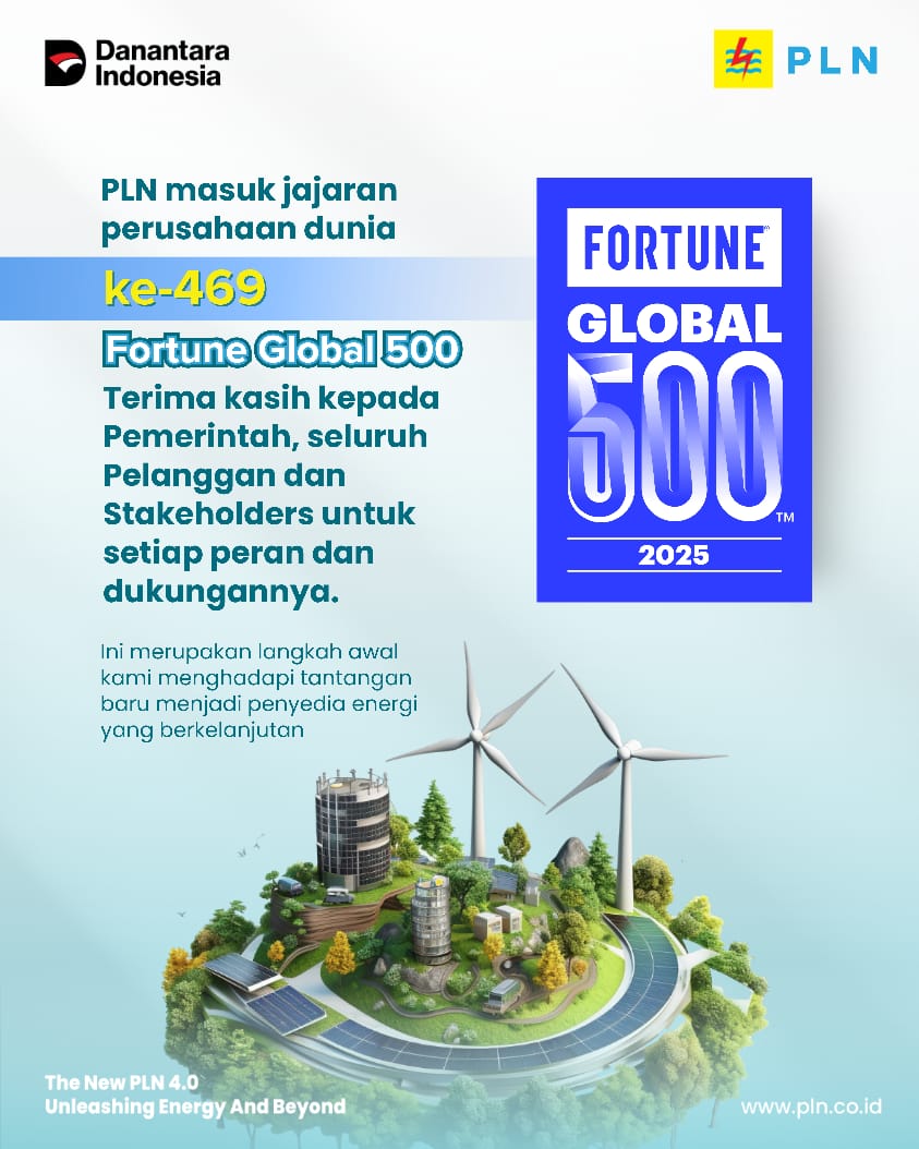 99rinrind's tweet photo. PT PLN (Persero) kembali meraih daftar Fortune Global 500 2025!

Pencapaian ini menandai tonggak penting dalam transformasi PLN sebagai perusahaan energi kelas dunia.

#PLN #FortuneGlobal500 #PLNUntukIndonesia https://t.co/stJSZu5eTV