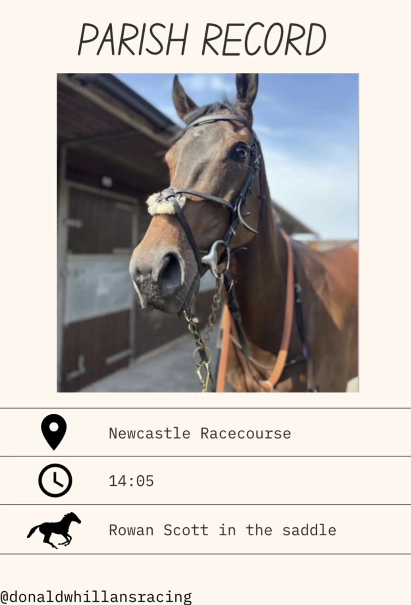 🏁Race Day🏁

We are off to <a href="/NewcastleRaces/">Newcastle Racecourse</a> today!🐴

⏰ 14:05
🐎 PARISH RECORD
⚡️  <a href="/rowan_49/">Rowan Scott</a> in the saddle 
🔑 for <a href="/HWhillans/">Helen Whillans</a> 

🤞🏼Good Luck Team🤞🏼