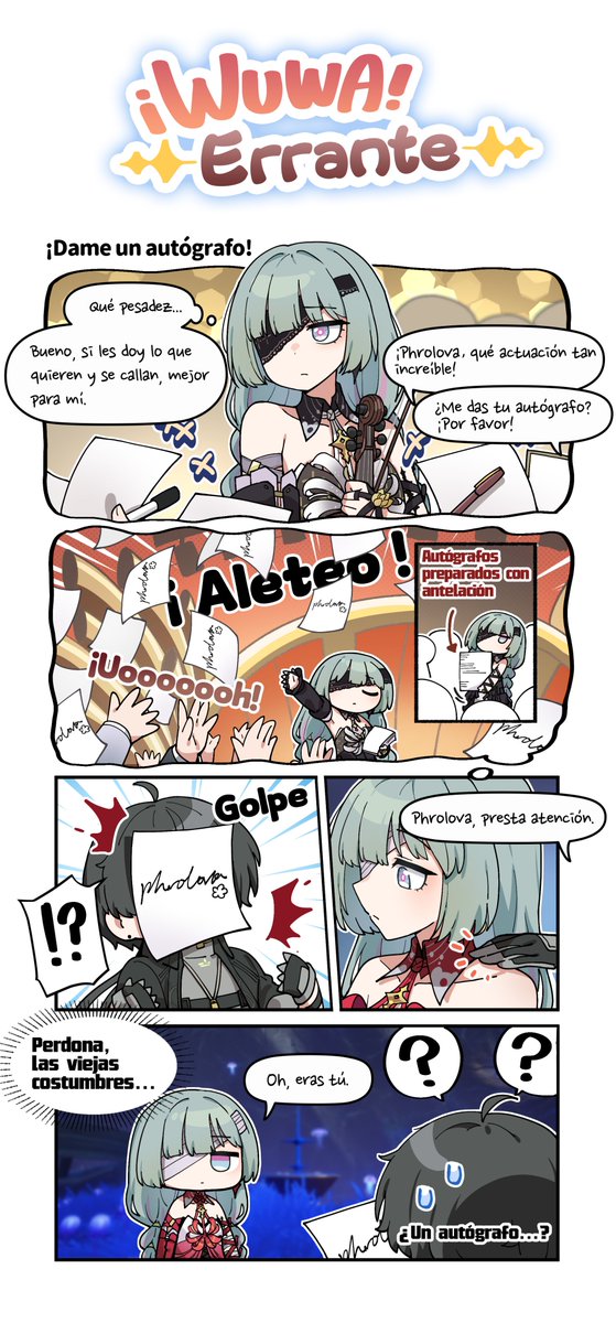 WW_ES_Official's tweet image. «¡WUWA! Errante» — ¡Dame un autógrafo!

Se dice que Phrolova gozaba de gran popularidad en su época dentro de la escena musical.

Cómic de cuatro viñetas por: @parang9494

#WutheringWaves #Phrolova