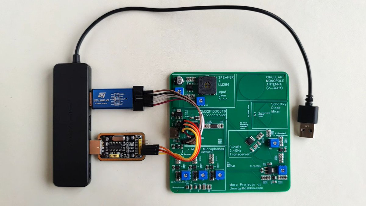 RaymingTech's tweet image. 2.4GHz radar using simplest possible Schottky Diode Mixer configuration, Walkie-Talkie with DSP and #audio compression using #STM32F103 microcontroller, and USB noise-cancelling #microphone. #pcbdesign #pcblayout