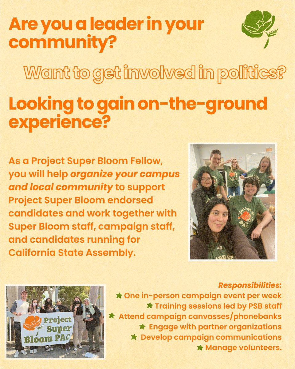 ProjSuperBloom's tweet photo. 🚨OPPORTUNITY ALERT🚨 Project Super Bloom’s Fall Fellowship Application is now LIVE ‼️ Don’t miss out on this amazing opportunity to get involved with local politics.
🧡 Apply at https://t.co/nivhDnqnMs Contact team@projectsuperbloom.org with questions. https://t.co/rgT9jUljBK