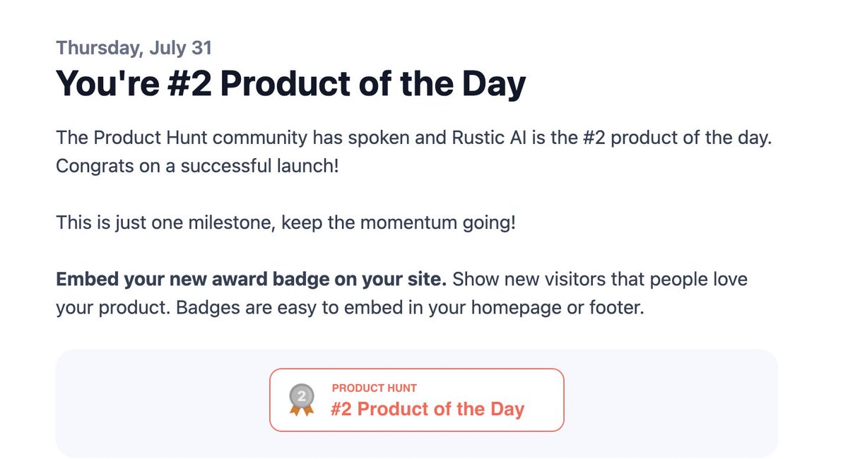robbinsdev23's tweet image. 🎉 @rusticai  is the #2 Product of the Day on Product Hunt!

Big thanks to the amazing @ProductHunt  community for all the love and support 💛

This is just the beginning!

#ProductHunt #RusticAI #AI #LaunchDay