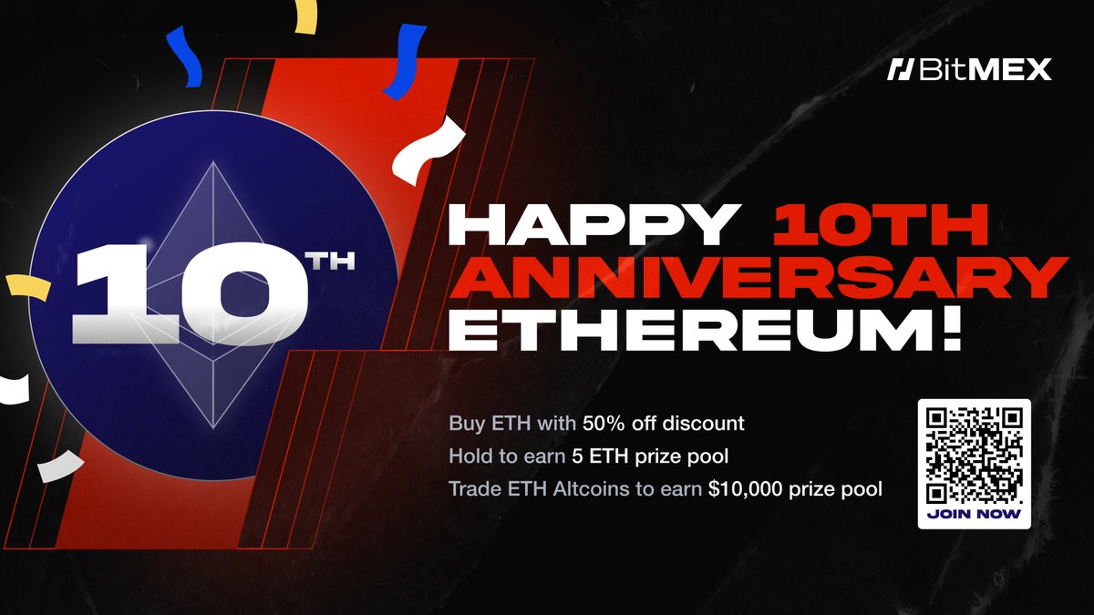 Celebrate @Ethereum's 10th anniversary with us &amp; win from a 110,000 $USDT pool 🔥

📅 1 Aug - 17 Aug

What’s in store:
➡️50% off $ETH
➡️Trade Altcoins to win 10,000 $USDT
➡️10,000 $BMEX referral bonus
➕…and much more.

More details 👉bitmex.com/eth-10-years

believe in