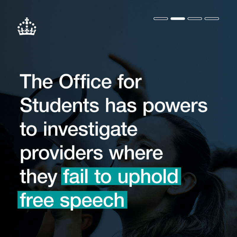 educationgovuk's tweet photo. From today, our tough new rules on freedom of speech on university campuses come into force. Universities must protect free speech, or face serious consequences.