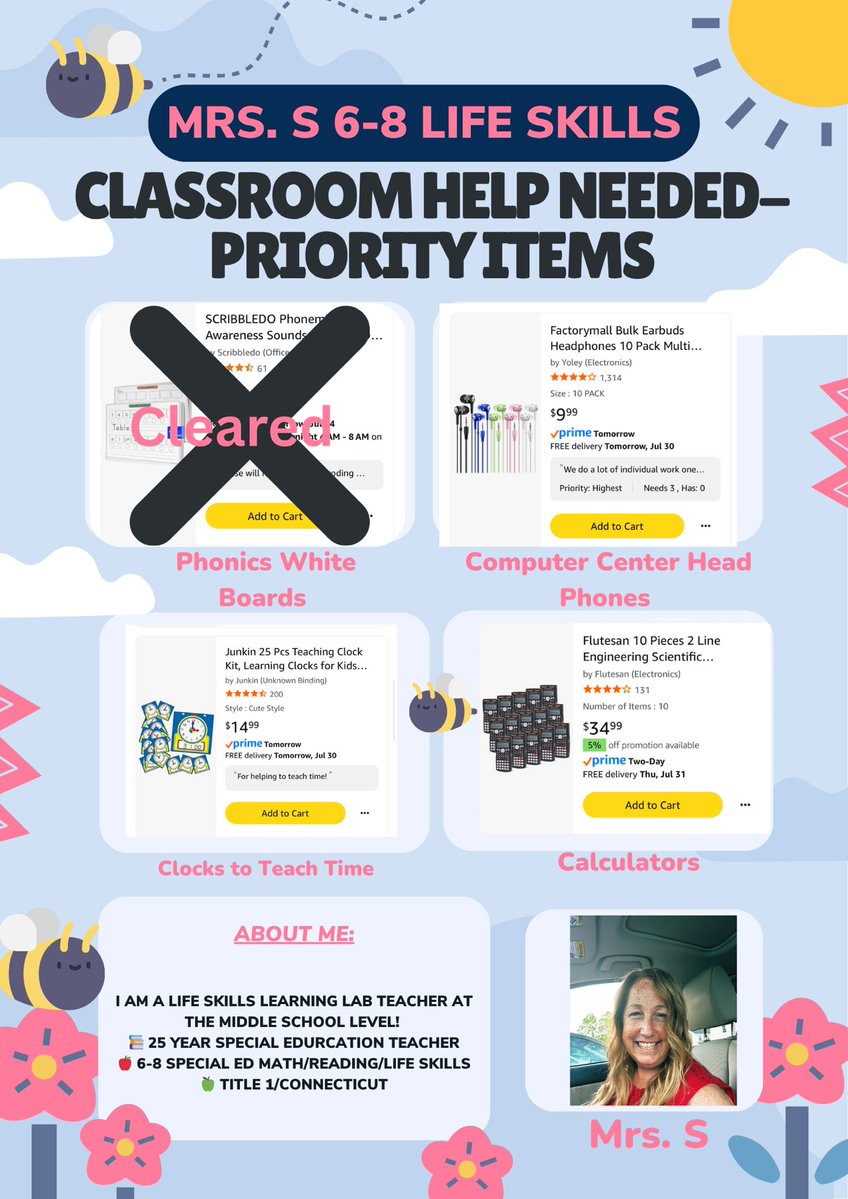 🚨10 Items Remain🚨

I am a life skills learning lab teacher at the middle school level! We have 3 priority items that we are in need of to start the school year. Any help is appreciated! #clearthelist 
📚 25 year Special Education Teacher
🍎 6-8 Special Ed Math/Reading/Life
