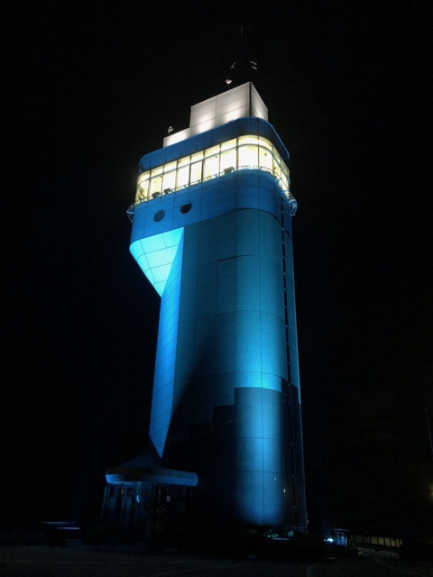 影と光の絶望タワー 1958年に開業した高さ333メートルの電波塔。満開の河津桜と