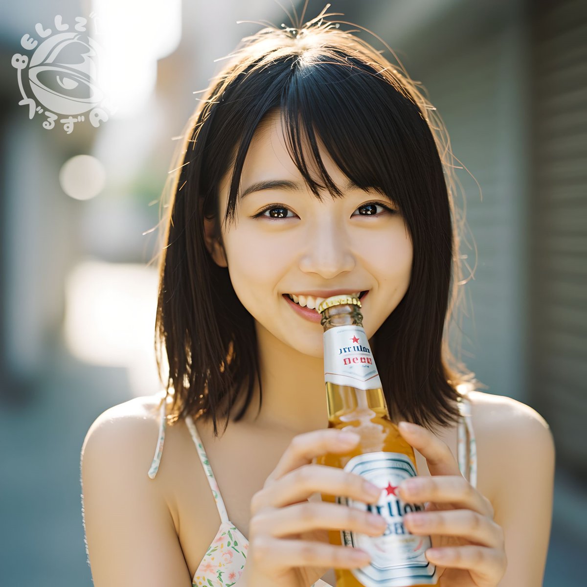 金曜日、お疲れさまでした〜🥰
今日から8月🌻
暑さに負けず、今月もよろしくね💕
ビール瓶？もちろん歯で開けるスタイルです😏🍻

#AIart #aiphotography