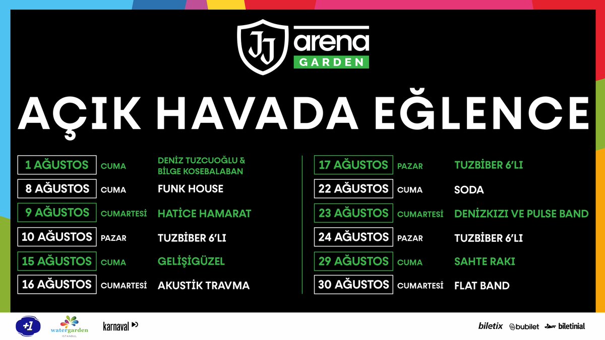 JJ Arena Garden’da yeni nesil açık hava eğlencesi Ağustos boyunca seni bekliyor. 🍃⁣ Gün boyu serinlik, lezzet ve sohbet; akşamları ise farklı etkinlikler ile dolu dolu bir gün geçirmeye hazırsan; biletlerin linkte! 🎟️jly.at/3UEJxD7