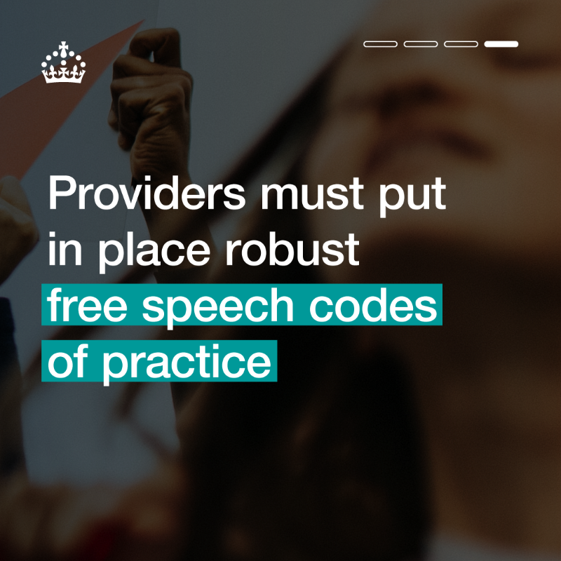 educationgovuk's tweet photo. From today, our tough new rules on freedom of speech on university campuses come into force. Universities must protect free speech, or face serious consequences.