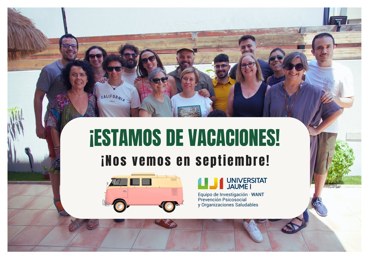 El equipo WANT se toma un merecido descanso 🌴

 ¡Volvemos en septiembre con energías renovadas! Porque cuidar del bienestar también es psicología organizacional positiva 💚

Aprovechamos para dejaros esta foto de nuestra jornada outdoor de verano ☀️ 
<a href="/UJIuniversitat/">Universitat Jaume I</a> #SomUJI
