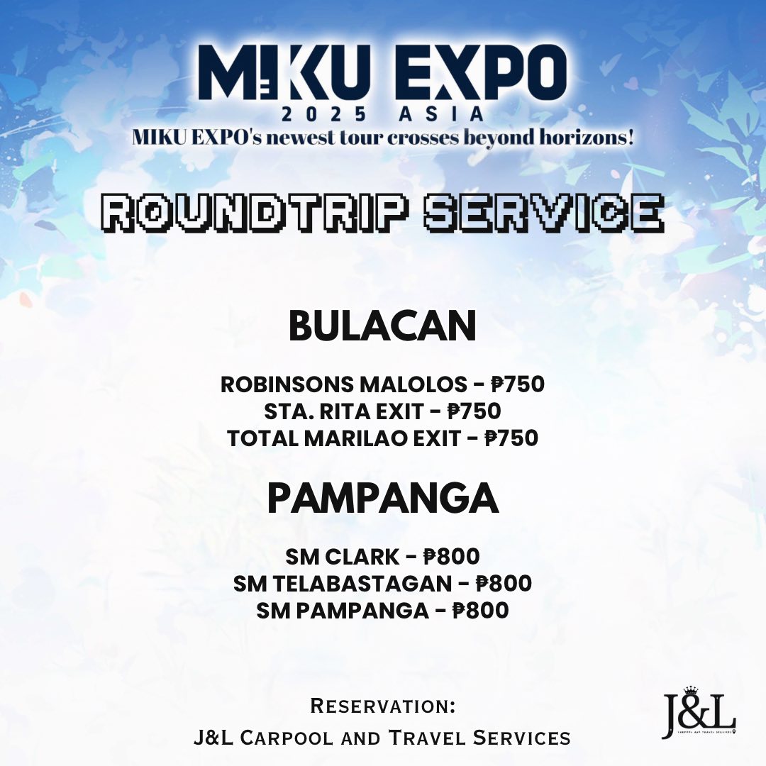 Carpool ~ roundtrip concert service for #HATSUNEMIKU is still ongoing🚐

Hatsune Miku Expo 2025 in MANILA

📅March 22, 2025 
📍SM Mall of Asia Arena

BOOK HERE: forms.gle/JPpaUneD4fTj8q…

Batangas ~ Laguna ~ Cavite ~ Metro Manila ~ Bulacan ~ Pampanga #HATSUNEMIKUEXPO2025inManila