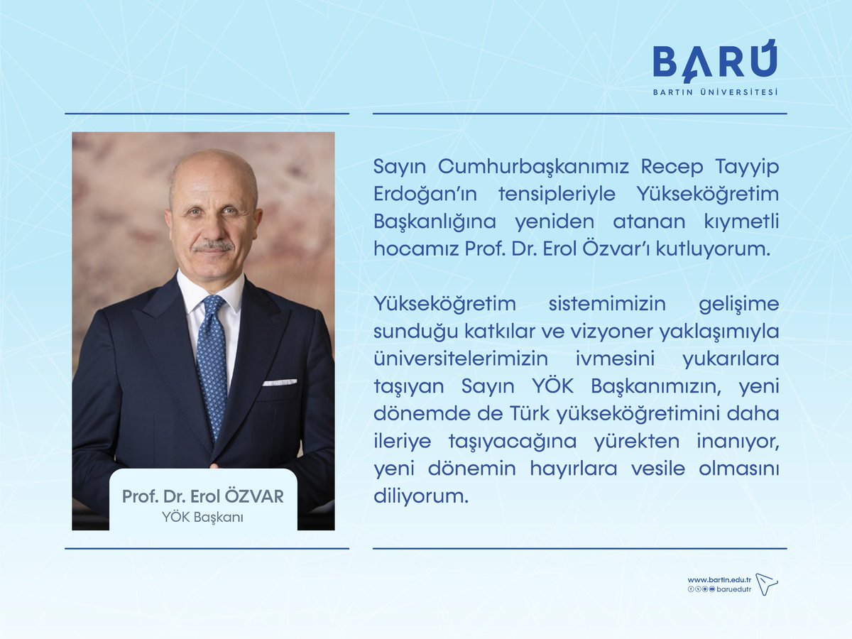 Ahmet AKKAYA (@profdraakkaya) on Twitter photo Yükseköğretim Kurulu Başkanlığına yeniden atanan kıymetli hocamız Prof. Dr. Erol Özvar’ı tebrik ediyorum.
Vizyoner yaklaşımıyla Türk yükseköğretimini daha da ileriye taşıyacağına yürekten inanıyor, yeni görevinin hayırlı olmasını diliyorum.
<a href="/YuksekogretimK/">Yükseköğretim Kurulu</a> <a href="/erolozvar/">Erol Özvar</a> Yükseköğretim Kurulu Başkanlığına yeniden atanan kıymetli hocamız Prof. Dr. Erol Özvar’ı tebrik ediyorum.
Vizyoner yaklaşımıyla Türk yükseköğretimini daha da ileriye taşıyacağına yürekten inanıyor, yeni görevinin hayırlı olmasını diliyorum.
<a href="/YuksekogretimK/">Yükseköğretim Kurulu</a> <a href="/erolozvar/">Erol Özvar</a>