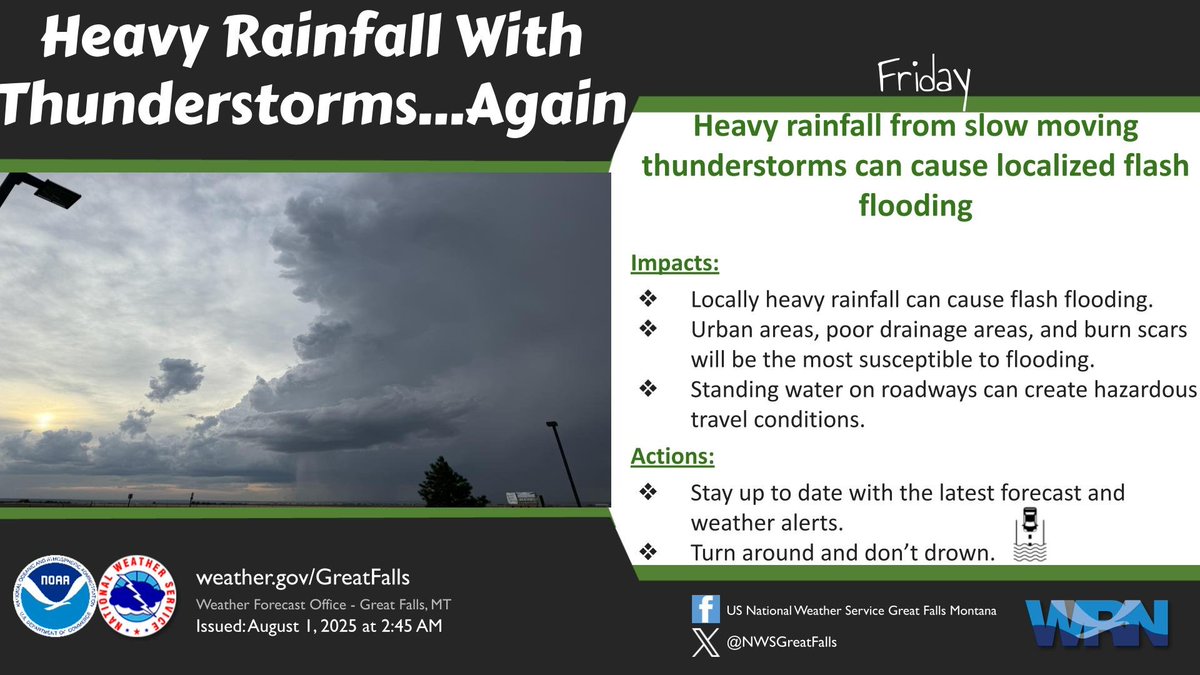 Another wave of showers and thunderstorms will travel north from Southwest through North-Central MT today. Heavy rainfall with thunderstorms can quickly flood sensitive areas like burn scars, urban and poor drainage areas, and small creeks. #MTwx