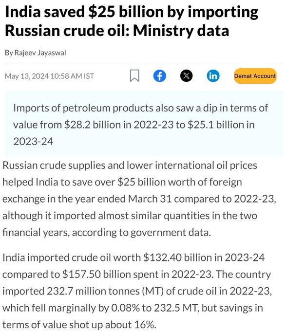 Reliance and Oil companies benefitted from the cheap Russian Oil. The estimated gains till now will be more than $40 billion.

None of it was passed to any person in India. Not a single Rupee was reduced because of this.

All of this was done at the behest of Reliance only, not