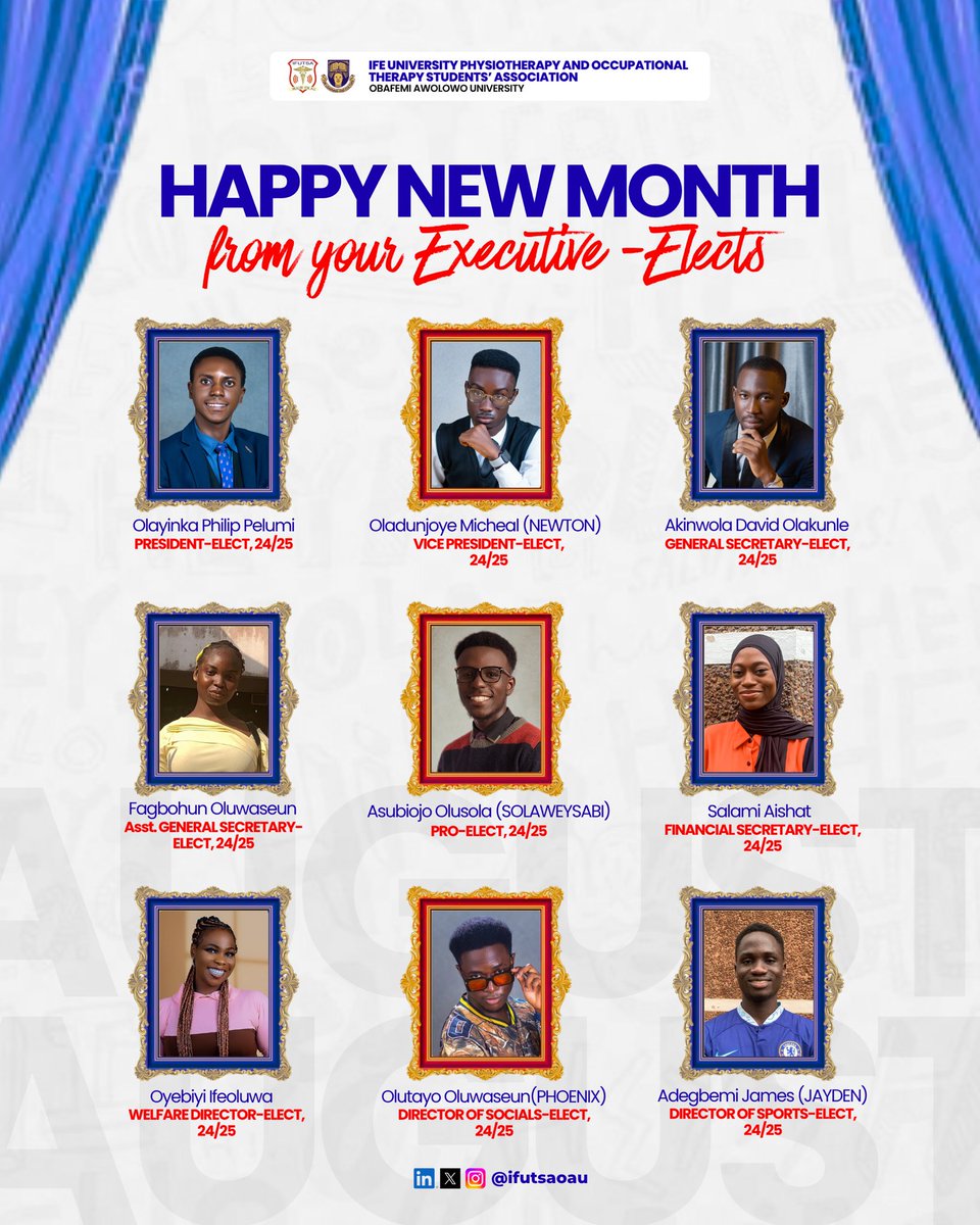 A New month. A New chapter. A New team.
Happy New Month, IFUTSITES! 🎉💙
As August begins, so does a new journey with your newly elected executives.
We’re here, ready to serve, ready to grow, and ready to make everyday count.

Here’s to progress, purpose, and a stronger IFUTSA