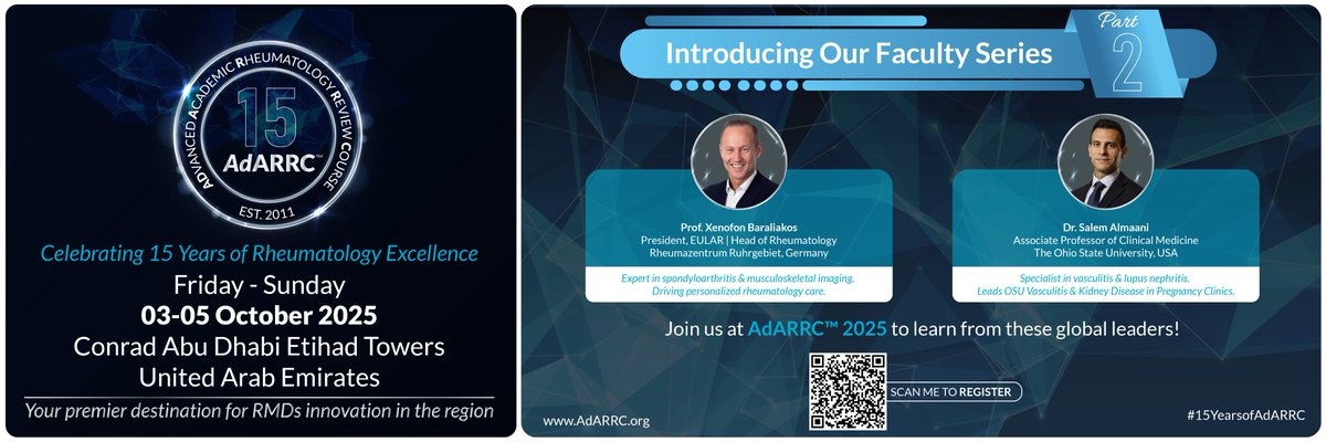 adarrc's tweet image. We are delighted to announce the second group of distinguished faculty joining AdARRC 2025. Join us in Abu Dhabi from 03–05 October 2025 for three days of advanced learning and clinical expertise.
Register now: bit.ly/45hTfAo 
#15YearsofAdARRC #Rheumatology #Immunology