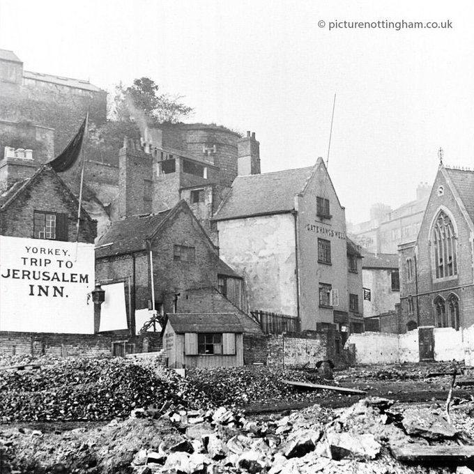 Brewhouse Yard, #Nottingham, c.1900. Showing The Trip to Jerusalem and The Gate Hangs Well. To the right is St Nicholas' School on Castle Road. Credit: picturenottingham.co.uk