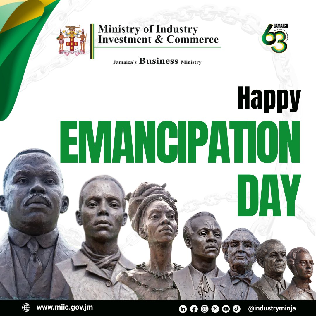 The Ministry of Industry, Investment &amp; Commerce wishes all Jamaicans a Happy Emancipation Day.

Today, we honour the legacy of our ancestors and renew our commitment to justice, unity, and national progress.

#EmancipationDay #Jamaica #industryminja