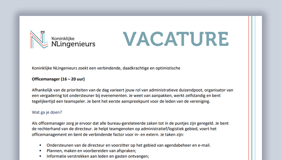 Ben jij onze nieuwe officemanager (16-20 uur)? Wil je deel uitmaken van ons leuke team op het verenigingsbureau in Den Haag? Goed nieuws: ons team breidt uit! Daarom zoeken we een nieuwe collega. De vacature staat hier: nlingenieurs.nl/over-ons/organ…