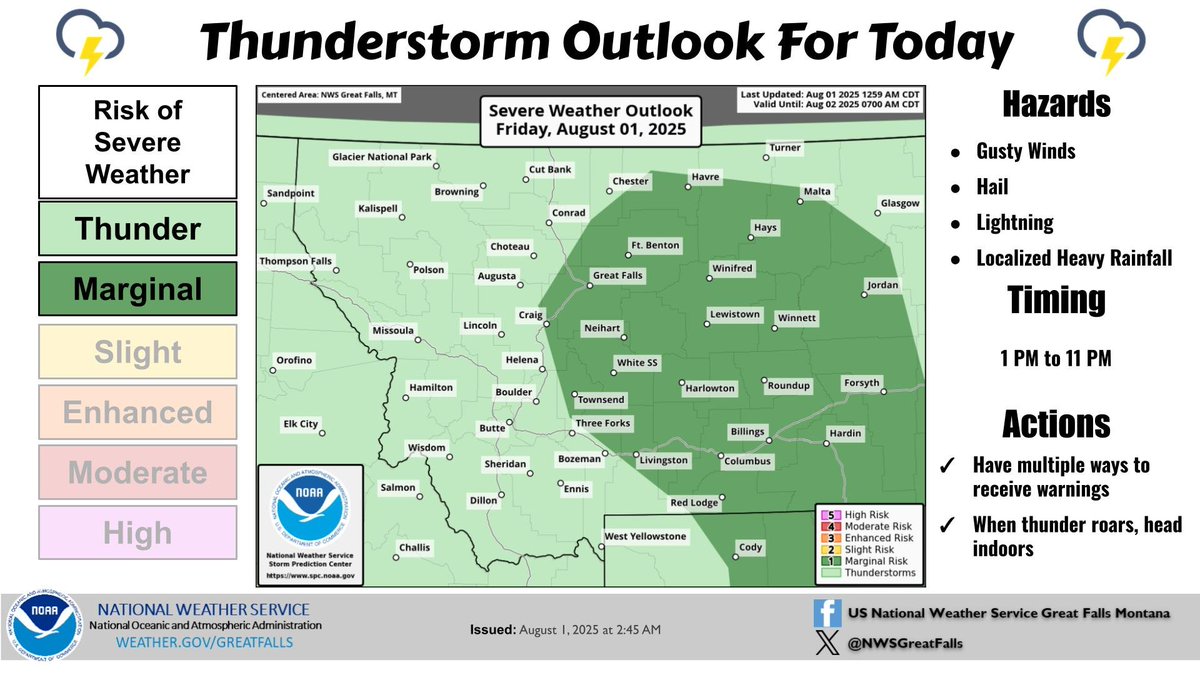 Some strong to severe storms are possible again today across parts of Central to North-Central MT this afternoon and evening. The strongest storms will be capable of producing lightning, hail, and localized heavy downpours. #Mtwx