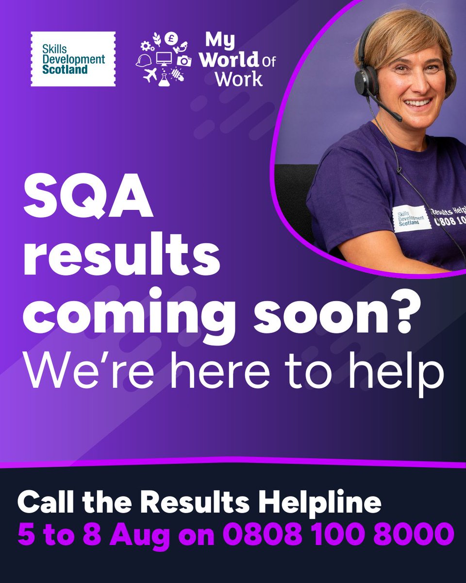 Whatever your #SQAResults, expert careers advisers can help you explore your options. Call the SDS Results Helpline on 0808 100 8000 from 8am on Tuesday, 5 August or visit myworldofwork.co.uk