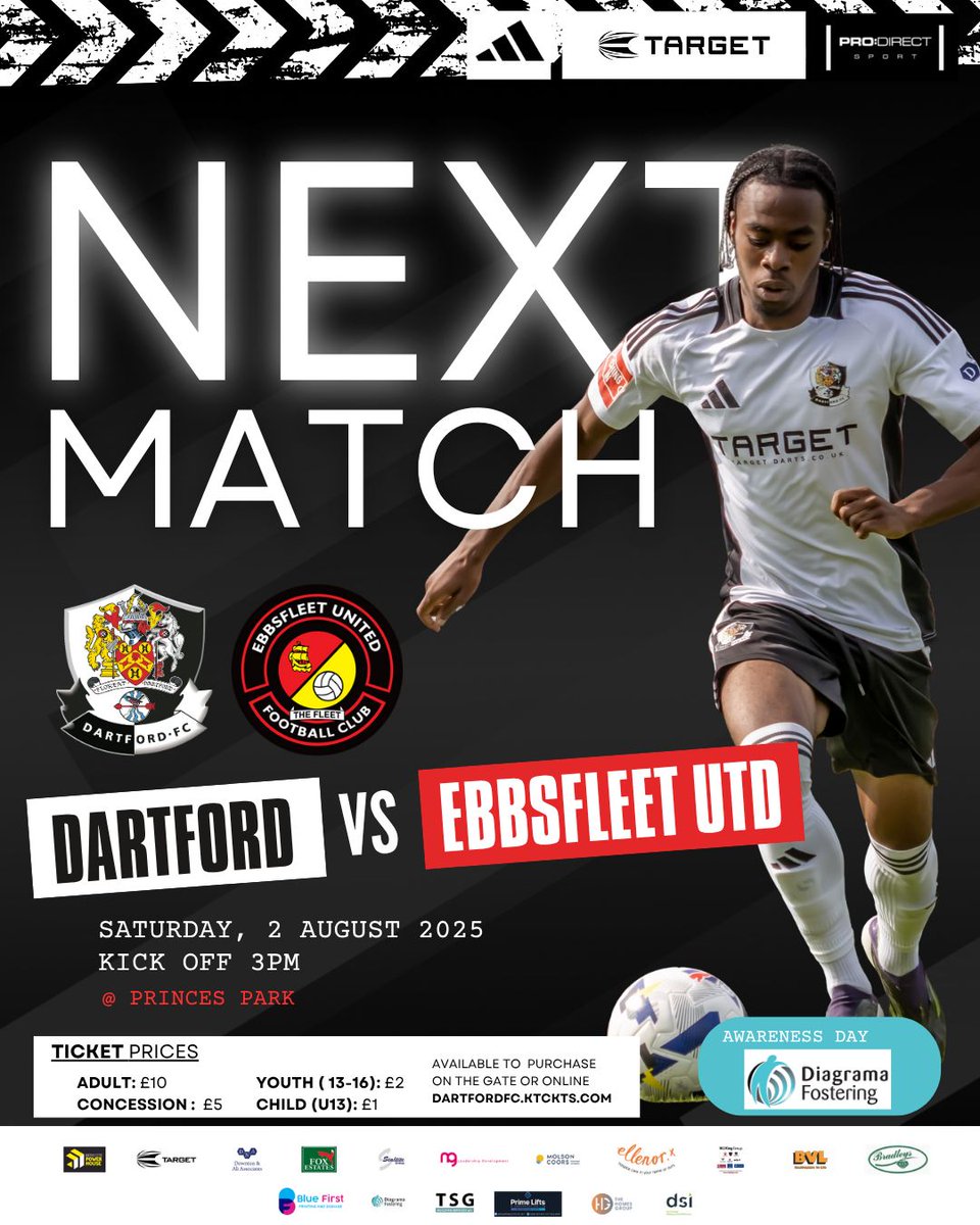 𝐍𝐄𝐗𝐓 𝐌𝐀𝐓𝐂𝐇 - Dartford v Ebbsfleet Utd

We welcome local rivals Ebbsfleet United to Princes Park tomorrow

⚽ | v Ebbsfleet Utd
📍 | Princes Park
📆 | 2/08/25
🕒 | 3pm
🎟️ | TICKETS available at the gate or online buff.ly/X19ZyZA