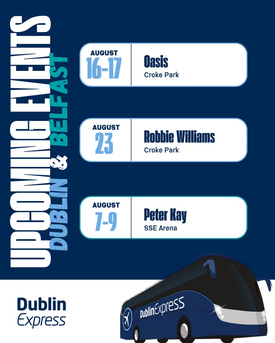 🎶 Big events this August? We’ll get you there in style!

From Belfast’s SSE Arena to the doorstep of 3 Arena Dublin, Dublin Express has your journey covered.🚌

Concerts, comedy, or a night to remember, arrive relaxed, leave with memories.

🎟️Book your seat today!
