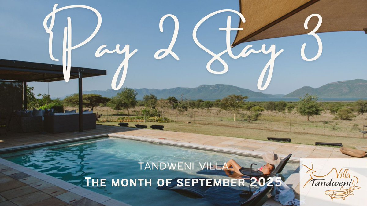 KZN Tourism & Film - Visit KZN (@visitkzn) on Twitter photo Pay for 2 nights & stay for 3 at the gorgeous Tandweni Villa on Jozini Dam for the month on September 2025.
This special is valid for self-catering stays only for a max of 10 adults, to stay in the month of September only.
Enquire today admin@tandweni.co.za
#VisitKZN Pay for 2 nights & stay for 3 at the gorgeous Tandweni Villa on Jozini Dam for the month on September 2025.
This special is valid for self-catering stays only for a max of 10 adults, to stay in the month of September only.
Enquire today admin@tandweni.co.za
#VisitKZN