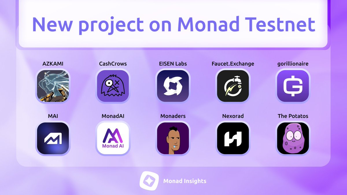 Monad Insights ⨀ (@monad_insights) on Twitter photo 🟪 Monad Testnet #76: New Projects You Should Know!
Like, RT and Drop your Monad wallet address 👇
1️⃣ <a href="/AzkamiMonad/">⛩️ AZKAMI || 神を宿す者たち</a>
2️⃣ <a href="/CashCrows/">CashCrows | NFT Backed Loans</a> – NFT-Backed Loans
3️⃣ <a href="/EisenLabs/">EISEN Labs 🏔️</a> – DEX Aggregator
4️⃣ <a href="/Faucet_Ex/">Faucet.Exchange</a> – Cheapest way to get $MON
5️⃣ <a href="/gorillionaireAI/">gorillionaire</a> – AI-Powered Trading Signals
6️⃣ 🟪 Monad Testnet #76: New Projects You Should Know!
Like, RT and Drop your Monad wallet address 👇
1️⃣ <a href="/AzkamiMonad/">⛩️ AZKAMI || 神を宿す者たち</a>
2️⃣ <a href="/CashCrows/">CashCrows | NFT Backed Loans</a> – NFT-Backed Loans
3️⃣ <a href="/EisenLabs/">EISEN Labs 🏔️</a> – DEX Aggregator
4️⃣ <a href="/Faucet_Ex/">Faucet.Exchange</a> – Cheapest way to get $MON
5️⃣ <a href="/gorillionaireAI/">gorillionaire</a> – AI-Powered Trading Signals
6️⃣