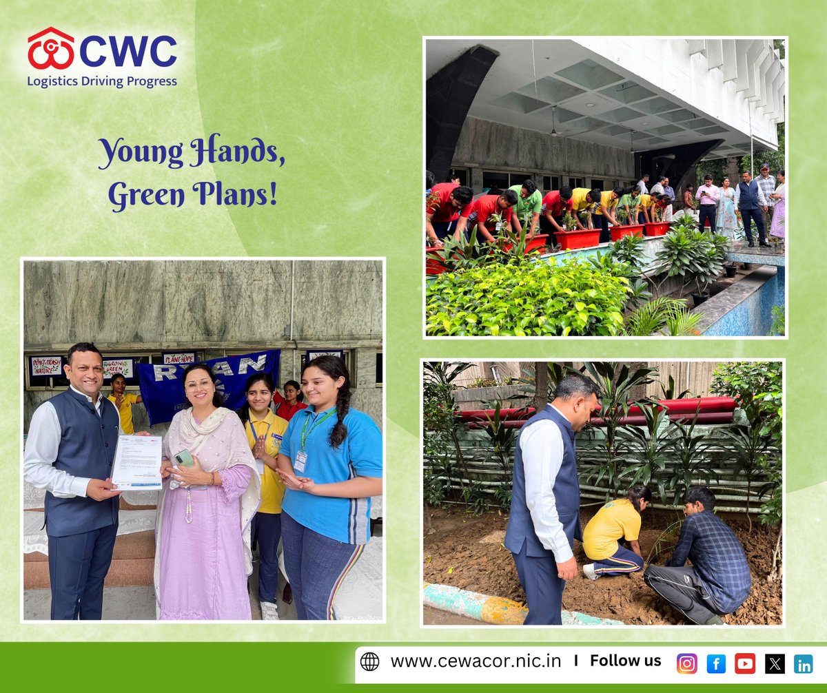 cwc_warehouse's tweet image. On 30.07.2025, CWC organised a Plantation Drive in collaboration with Ryan International School at its Corporate Office, aiming to instil environmental awareness among children. The event was graced by Sh. Samuel Praveen Kumar, Director (M &amp;amp; CP), CWC.

#CWC #GreenerTomorrow