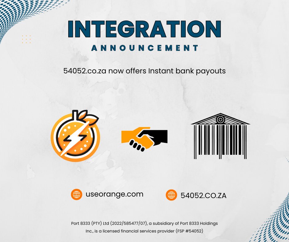INTEGRATION ANNOUNCEMENT: <a href="/OrangeSaaS/">UseOrange</a> x <a href="/btc54052coza/">54052.co.za</a>

We are excited to announce that through <a href="/OrangeSaaS/">UseOrange</a> users can now make instant withdrawals to their bank account! 

#PaywithBitcoin #LiveOnBitcoin #54052 #CASP