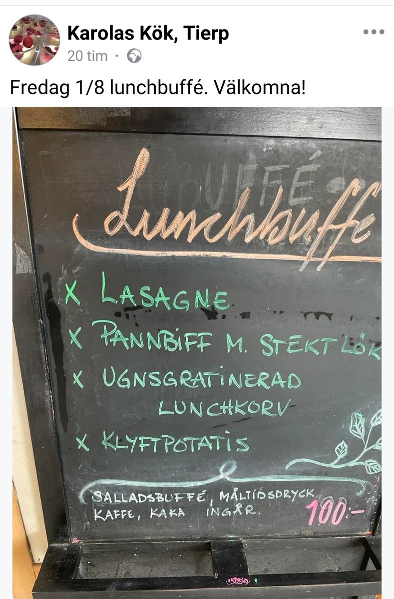 Jag kommer att vägarna förbi där i dag. Kan bli en billig lunch. Pannbiff med lök, salladsbuffé, dryck, kaffe och kaka. 100 spänn låter oförskämt billigt.