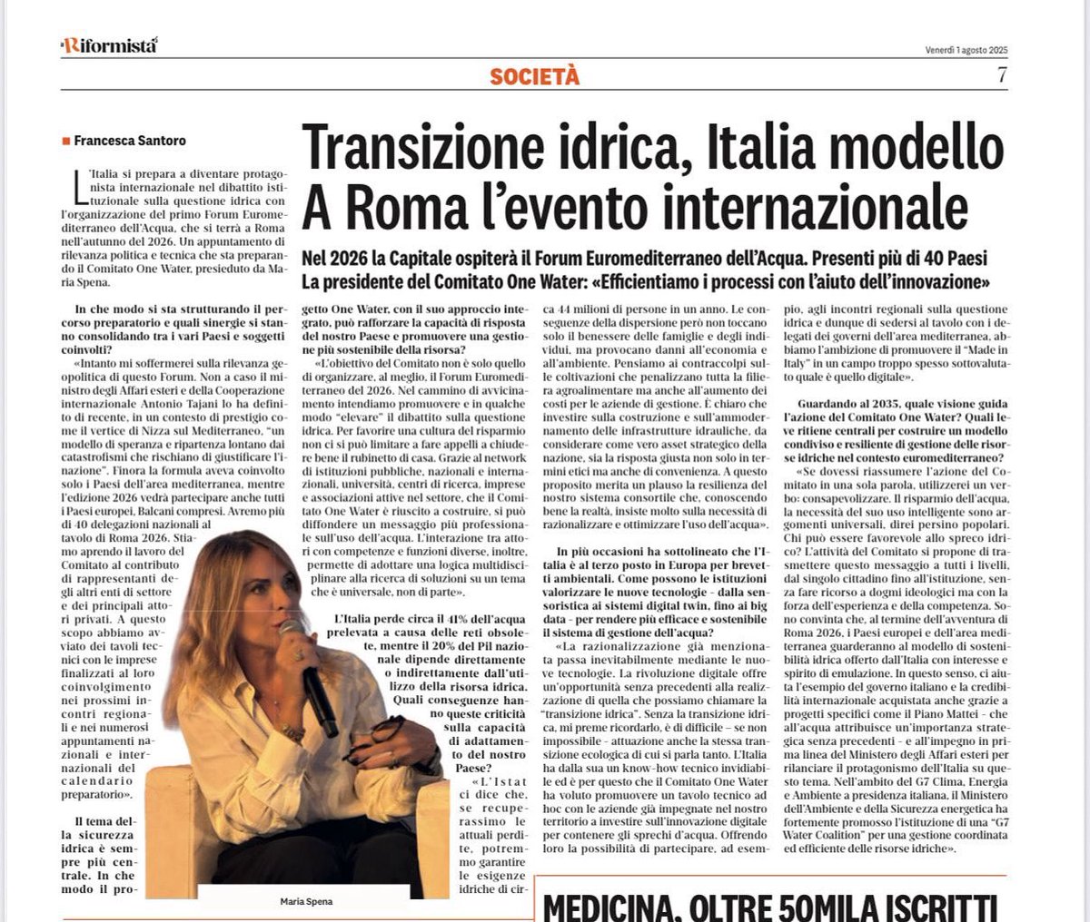 🗞️ L’intervista al presidente del Comitato One Water <a href="/maria_spena/">Maria Spena</a> oggi su <a href="/ilriformista/">Il Riformista</a>