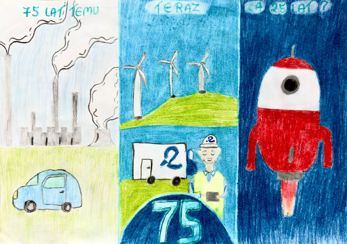 75 lat temu powstał Energopomiar! 🎂 🎉⚡ Dziękujemy Klientom i Pracownikom za wspólne lata i z optymizmem patrzymy w przyszłość. Czy będzie kosmiczna 🚀, jak na rysunku Zosi Lepich? Czas pokaże…😄 Prezentowana praca wygrała konkurs  „Urodzinowa kartka dla EP” #energetyka