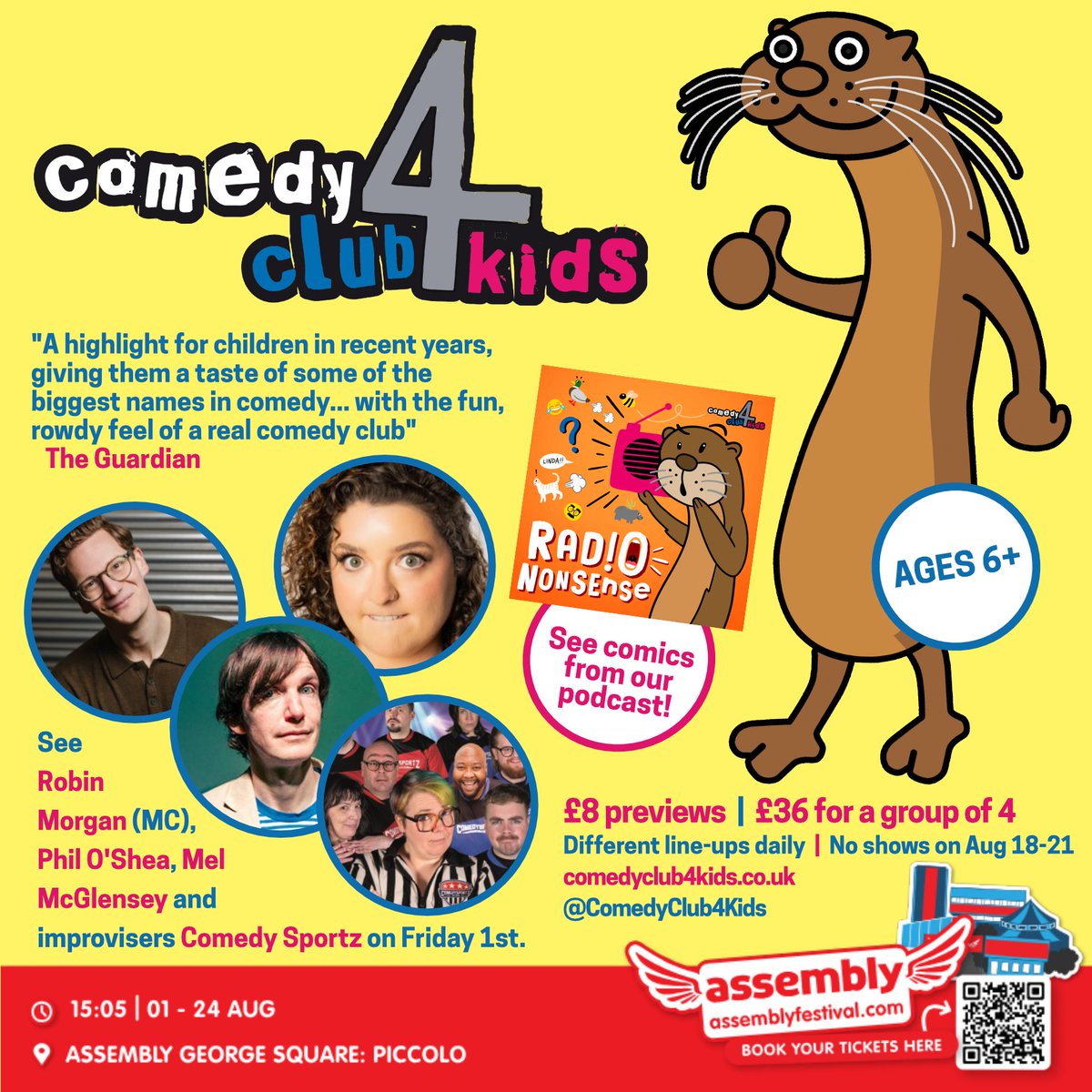 Comedy Club 4 Kids (@comedyclub4kids) on Twitter photo Edinburgh! KIDS! Our #edfringe run starts today: join us at <a href="/AssemblyFest/">Assembly Festival</a> Piccolo (in the <a href="/AssemblyGardens/">Assembly Festival Gardens</a>) at 3:05pm to see <a href="/robinjaymorgan/">Robin Morgan</a>* MCing <a href="/PhilOSheacomedy/">Phil O'Shea</a>, <a href="/OhHeyMeliss/">Melissa McGlensey</a> and improvisers Comedy Sportz*! edfringe.com/tickets/whats-…
* Have their own kids shows to see too! Edinburgh! KIDS! Our #edfringe run starts today: join us at <a href="/AssemblyFest/">Assembly Festival</a> Piccolo (in the <a href="/AssemblyGardens/">Assembly Festival Gardens</a>) at 3:05pm to see <a href="/robinjaymorgan/">Robin Morgan</a>* MCing <a href="/PhilOSheacomedy/">Phil O'Shea</a>, <a href="/OhHeyMeliss/">Melissa McGlensey</a> and improvisers Comedy Sportz*! edfringe.com/tickets/whats-…
* Have their own kids shows to see too!