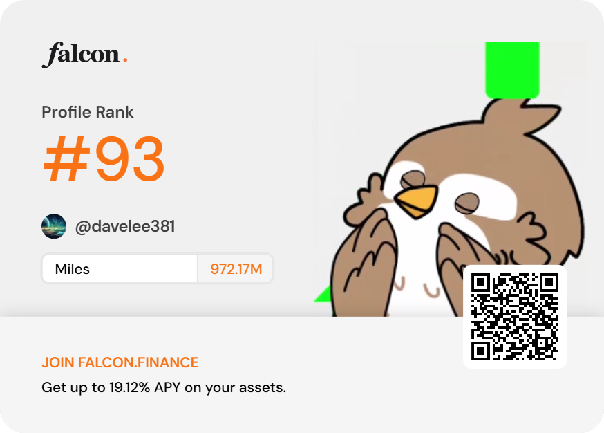 Holding #93 on Falcon Miles and climbing! <a href="/falconfinance/"></a>

Get USDf with yields up to 19.12% APY and test your wings against mine.

Join now with my ref link: app.falcon.finance/?r=49cb43823f7…
