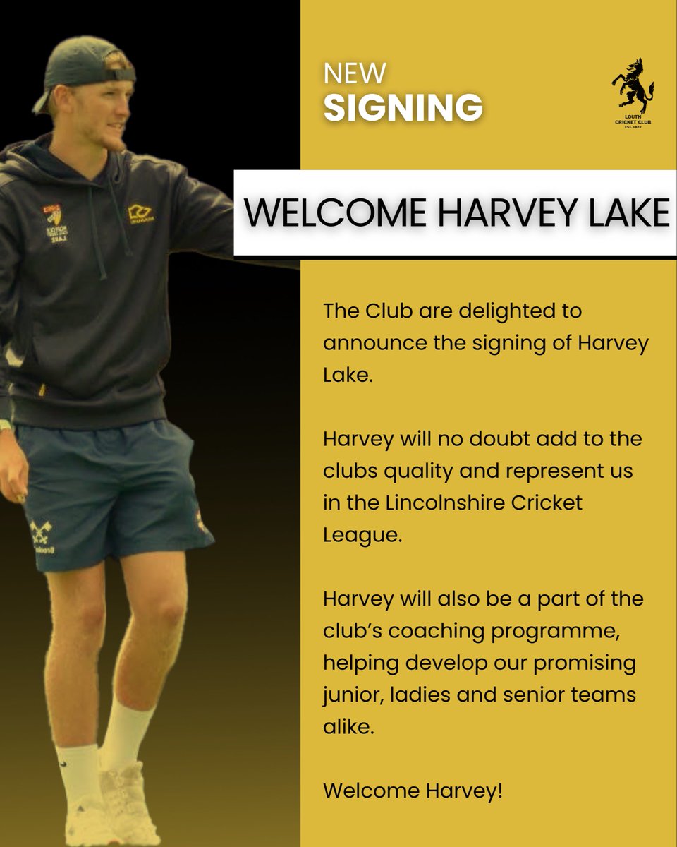 🚨 NEW SIGNING ALERT

We’re thrilled to welcome Harvey Lake to Louth CC for the rest of the season! He’ll boost our Lincs League side &amp; play a key role in coaching across juniors, ladies &amp; seniors.

Welcome, Harvey! 🏏🐺