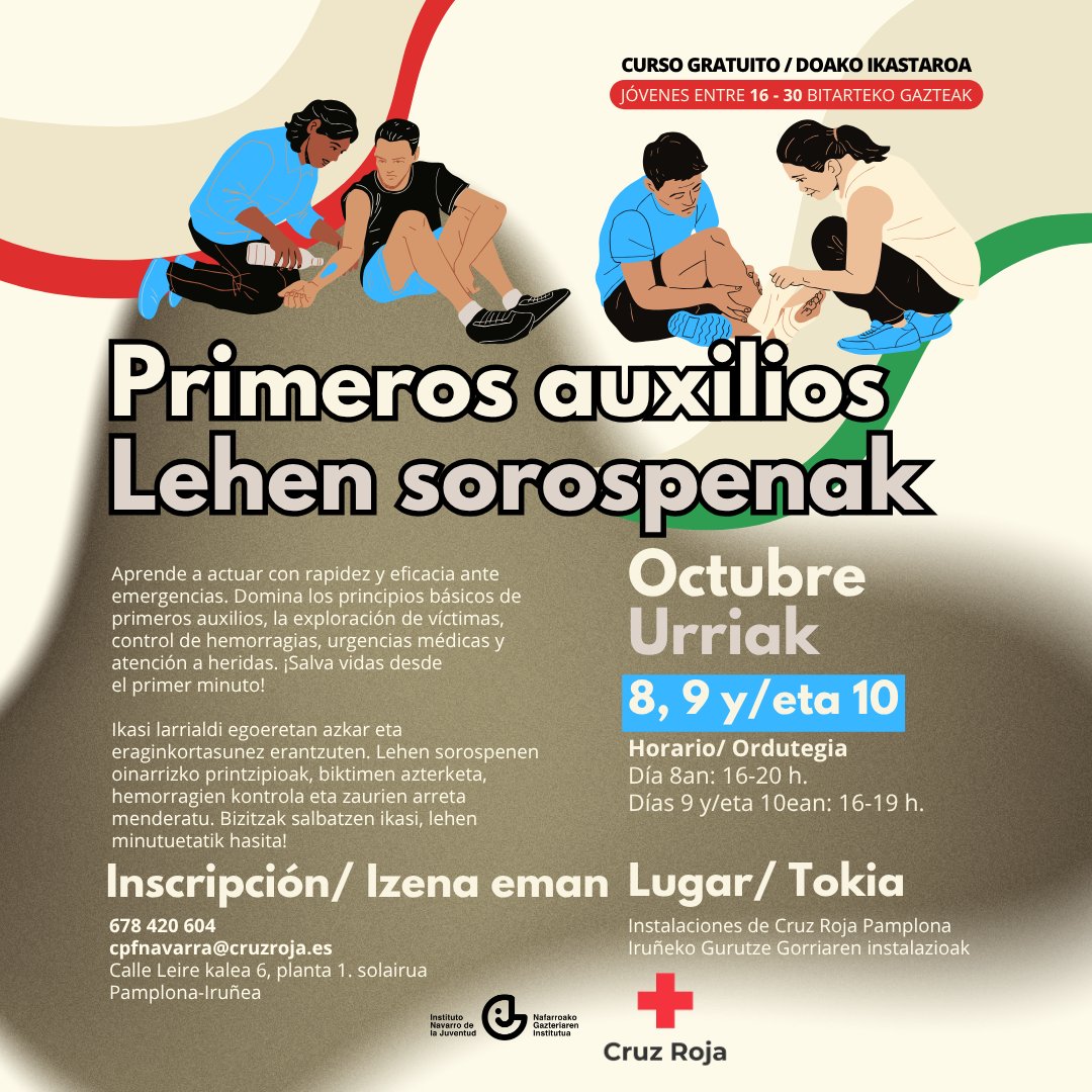 🟢 PAMPLONA: ¡Inscríbete en el curso "Primeros auxilios"!

📆 8, 9 y 10 de octubre
🕐 Día 8: 16-20 h./ Días 9-10: 16-19 h.
📍 Instalaciones Cruz Roja Pamplona

👉¿Cómo?
678 420 604 / cpfnavarra@cruzroja.es

#PrimerosAuxilios #LehenSorospenak #Navarra #Nafarroa #Juventud #Gazteria