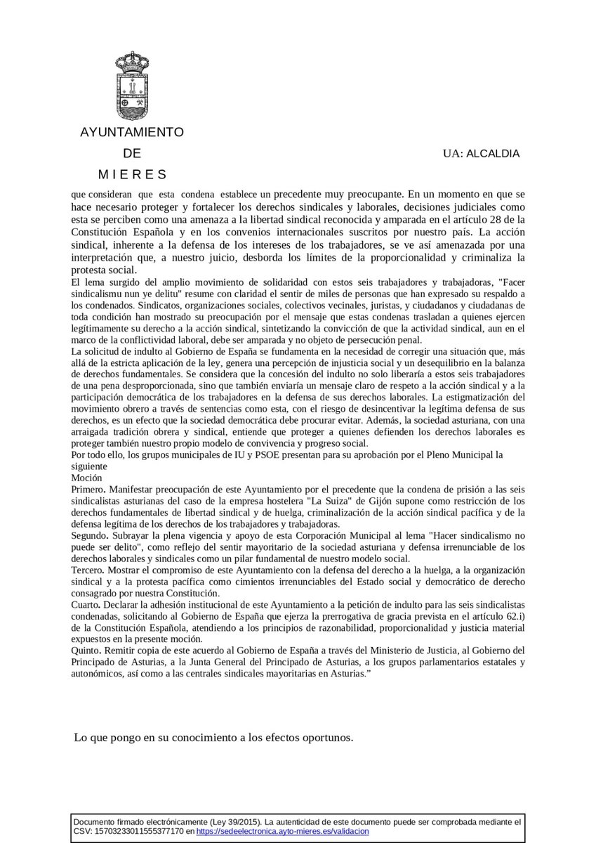 👏 El Ayuntamiento de Mieres aprobó una moción pidiendo al Gobierno español el indulto para las 6 de La Suiza.
👉 Votaron a favor IU y PSOE; se abstuvieron PP y Vox.
Esperamos más mociones así. No es sólo por la libertad de seis, sino también por los derechos sindicales de todas.