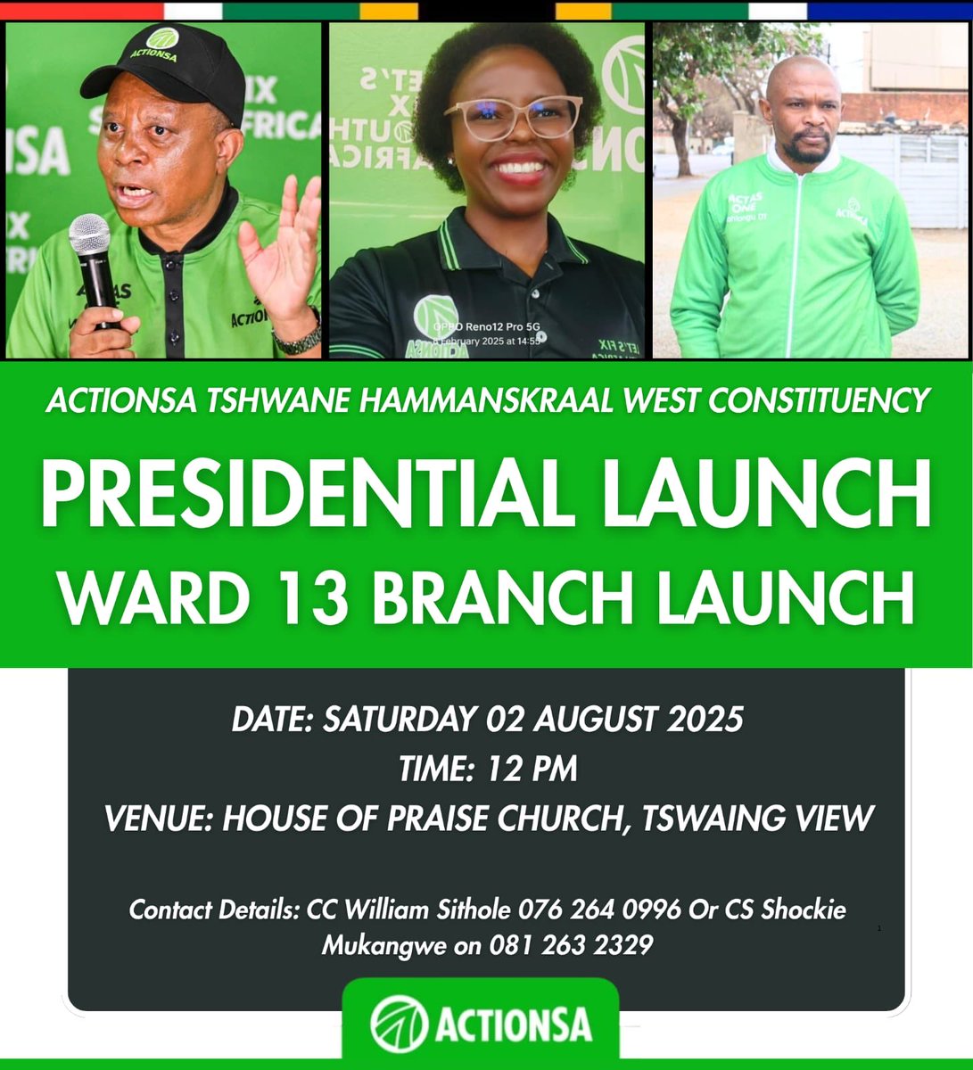 Herman Mashaba (@hermanmashaba) on Twitter photo All roads lead to Branch Launch in Ward 13, Tswaing View, <a href="/CityTshwane/">City of Tshwane</a> tomorrow. <a href="/ActionSATshwane/">ActionSA Tshwane Caucus</a> <a href="/Action4SA/">ActionSA</a> <a href="/Funzi_Ngobeni/">Funzi Ngobeni</a> All roads lead to Branch Launch in Ward 13, Tswaing View, <a href="/CityTshwane/">City of Tshwane</a> tomorrow. <a href="/ActionSATshwane/">ActionSA Tshwane Caucus</a> <a href="/Action4SA/">ActionSA</a> <a href="/Funzi_Ngobeni/">Funzi Ngobeni</a>