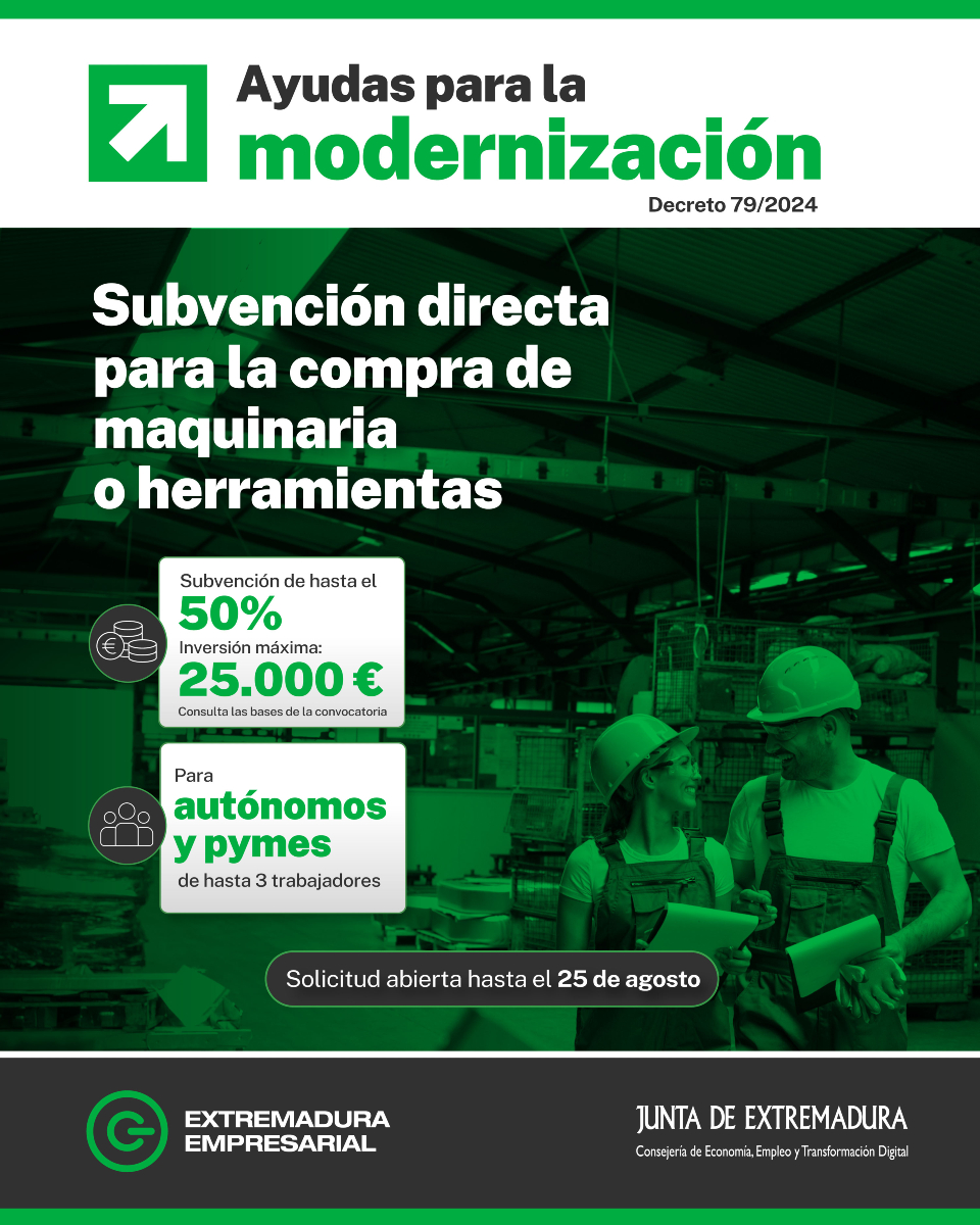 Ayudas para la Modernización 🛠️💼
👉 Dirigidas a autónomos y micropymes con hasta 3 trabajadores.
👉 La inversión mínima requerida es de 1.000 € y la máxima no podrá superar los 25.000 €.
👉 Subvención a fondo perdido de hasta el 50%.
💡 Invierte en herramientas, maquinaria y